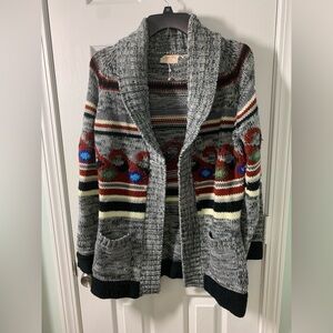 Gray Shawl Collar Knit Cardigan with Multicolor Stripes